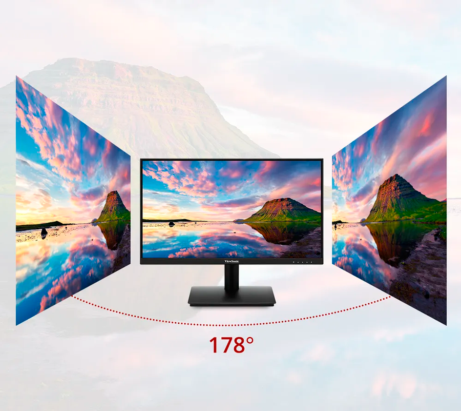 Monitor Viewsonic 22in FullHD VA220-H Vistas frontales, lateral izquierdo y lateral derecho de monitor Viewsonic VA220-H que desmutra su gran ángulo de visión