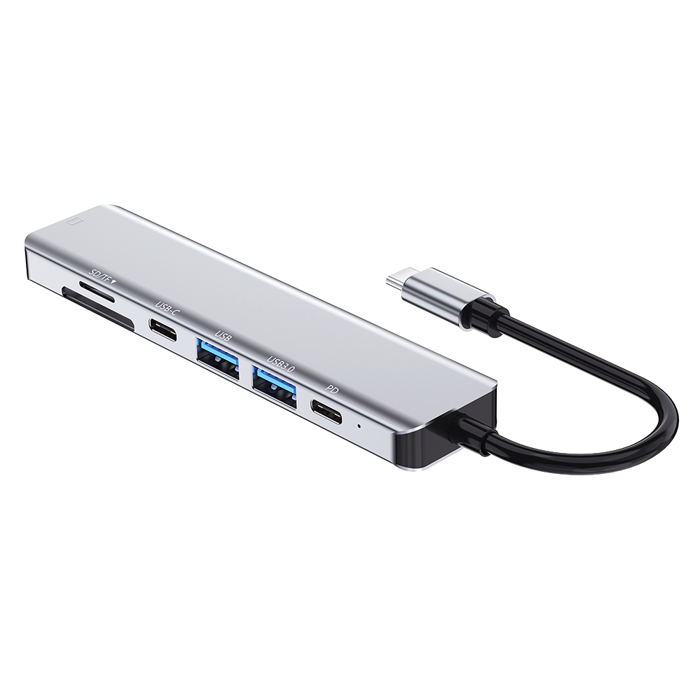 Hub multifunci&oacute;n USB-C 7 en 1 con acabado en gris espacial y cable integrado