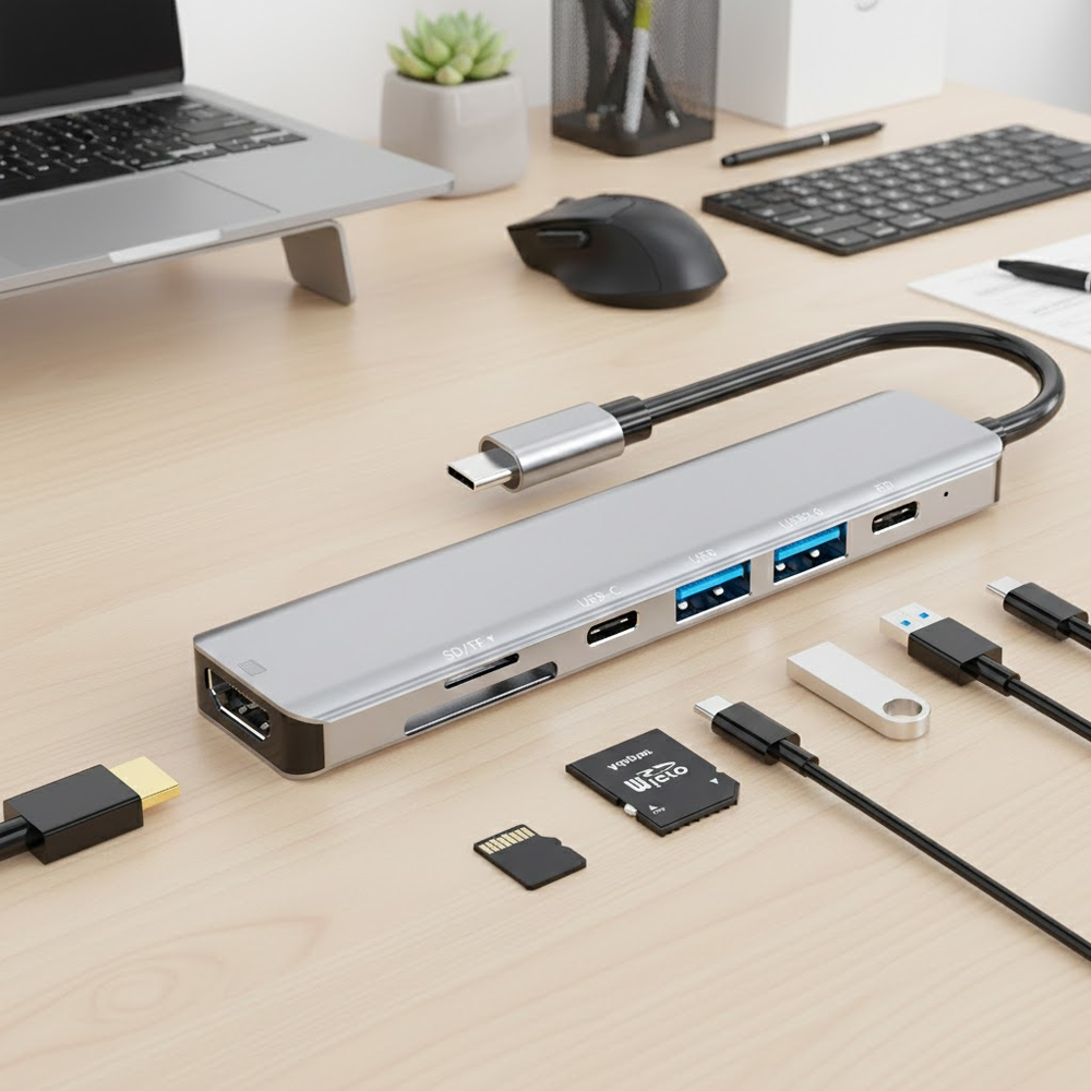 Detalle de los puertos laterales del hub incluyendo USB-A, USB-C y lectores de tarjetas