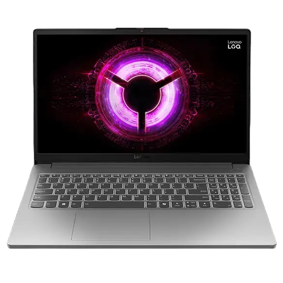 Notebook Gamer LOQe Gen 10 Ryzen 7 Lenovo 83S00001CL Vista frontal en ángulo del Lenovo LOQ, mostrando su diseño robusto en color gris (Luna Grey) con el teclado retroiluminado y un fondo de pantalla dinámico que resalta su potencia gamer