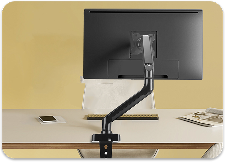 Soporte de monitor Polarland PGA9-S Vista posterior de soporte de monitor Polarland PGA9-S instalado en escritorio de home office con monitor instalado