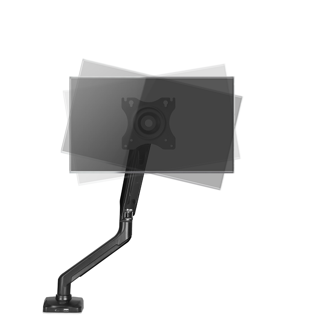 Vista frontal de soporte de monitor destacando su capacidad de rotación de 360°
