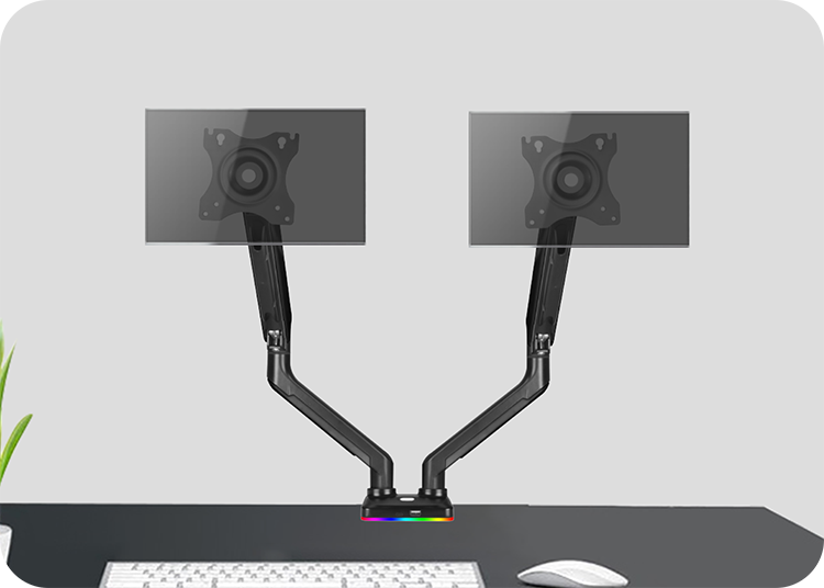 Vista frontal de Soporte de monitor Polarland PGA9-D en escritorio con monitor instalado
