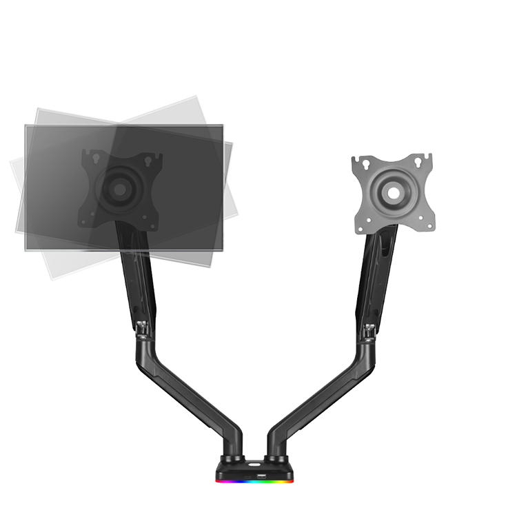 Vista frontal de soporte de monitor destacando su capacidad de rotaci&oacute;n de 360&deg;